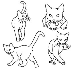 Line art illustration set of cats in different poses. Simple black outline drawings, perfect for coloring pages, tattoo design, logos, stickers, prints, and educational materials.