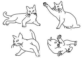 Set of hand drawn cat line art illustrations with different poses.