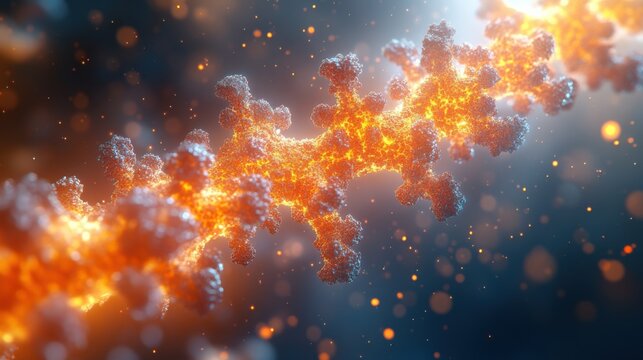 Close-up of Branching Orange Structures with Particles on Dark Background