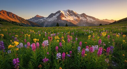 Fototapeta premium Alpine Meadow's Majestic Blooms A Vibrant Landscape of Flowers and Mountain Peaks