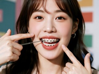 a korean woman with straight teeth, pointing at the braces on her mouth, in an urban studio setting.