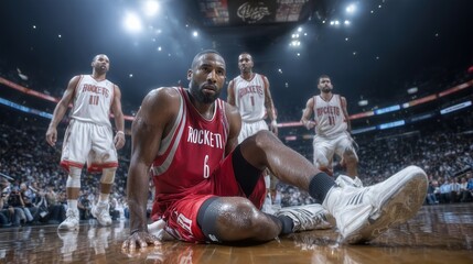 Basketball Player Sitting on Court Holding Twisted Ankle with Teammates Supporting Him Under Stadium Lights, Dramatic Sports Injury Photography
