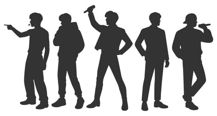 Set vector illustrations of silhouettes of kpop idols singing and dancing on stage. Flat vector kpop boyband. Male dancers, rapper, singer with various different styles, poses and choreography.