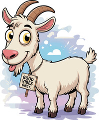 Cute cartoon goat with big eyes, farm animal illustration, happy white goat character, livestock vector, children’s educational design