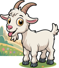 Cute cartoon goat with big eyes, farm animal illustration, happy white goat character, livestock vector, children’s educational design