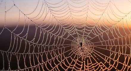 Delicate spiderweb glistening with dewdrops in twilight's gentle glow