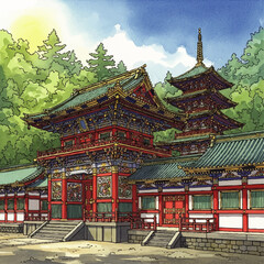 An illustration showcases a traditional Japanese temple complex with ornate architecture and pagoda.