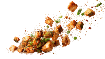 Spicy chicken cubes in motion