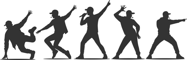 Set vector illustrations of silhouettes of kpop idols singing and dancing on stage. Flat vector kpop boyband. Male dancers, rapper, singer with various different styles, poses and choreography.