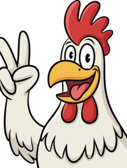 Funny cartoon rooster saying good morning, chicken character with peace sign, farm animal illustration, cheerful morning greeting, vector design