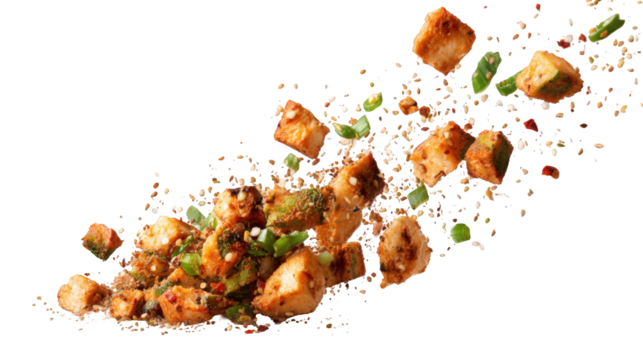 Spicy chicken cubes in motion