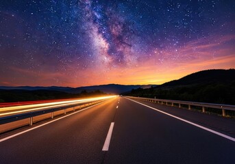 Fototapeta premium Milky Way Starry Sky Above Highway with Car Light Trails and Forest Silhouette View