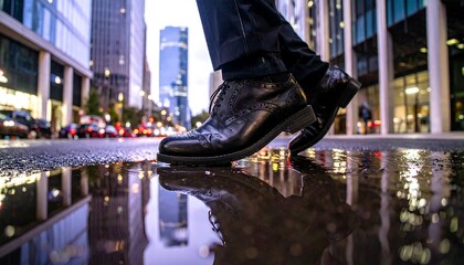 Businessman's feet walking through a puddle on a city street at night