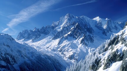 Obraz premium Stunning snow-covered mountain range with jagged peaks under clear blue sky du daytime in winter landscape scene