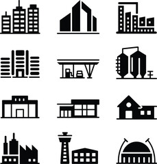 City building icons set, commercial, residential, industrial, public structures vector illustration, black architecture silhouettes for urban, real estate, planning