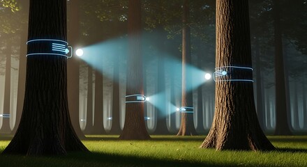 Future forest vision showcasing communication systems on woodland trees