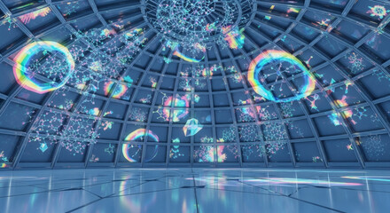 Futuristic interior with holographic projections and blue grid ceiling
