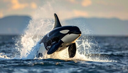 Fototapeta premium Orca leaps from ocean wave