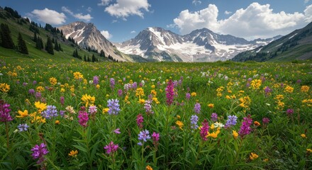 Vibrant Alpine Meadow in Bloom with Snow-Capped Mountains in the Background
