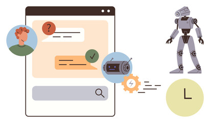 Chat interface with user queries, chatbot responses, robot, and gears symbolizing AI, automation. Ideal for customer support, AI, communication, robotics problem-solving time efficiency
