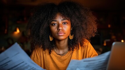 Businesswoman Working at Computer Desk with Papers and Laptop, Focused Professional Expression in Minimalist Modern Office Background
