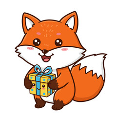 Cheerful cartoon fox holding a smiling yellow gift box with blue polka dots and ribbon, radiating joy and whimsy.