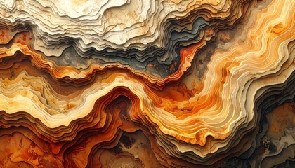 Layered earth formations, rendered in warm, earthy tones, showcasing intricate, layered textures and patterns.