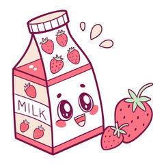 Vector art of cute strawberry milk carton with kawaii face and strawberries isolated on white