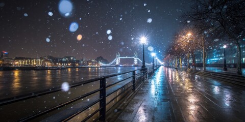 Stunning night cityscape featuring illuminated bridge over river with reflection waterfront walkway urban skyline atmospheric lighting scenic outdoor scenery and modern