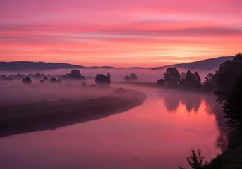 Fototapeta premium River Through Foggy Landscape with Silhouette Trees and Pink Sky at Sunrise