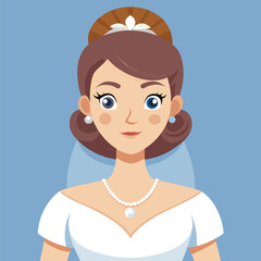 Elegant Bride Cartoon Portrait with Classic Hairstyle and Pearl Accessories on Light Blue Backdrop
