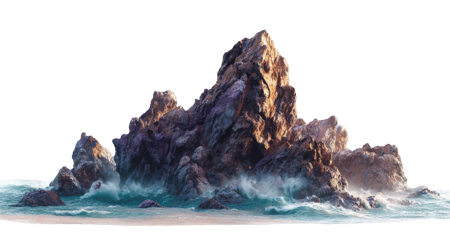 Rocky islet at dawn, waves crashing