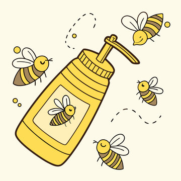 bees flying around yellow honey bottle clip art preview