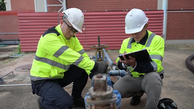 Two industrial workers in safety gear inspecting and maintaining water pump system outdoors, ensuring pipeline efficiency. Engineering teamwork for infrastructure reliability.