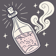 Vector art of sparkling potion bottle with smoke and bubbles on a grey background