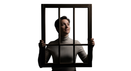 Hopeful woman looks through window frame, symbolizing new perspectives, clarity, personal growth, and breaking free. Ideal for concepts of opportunity, future, and transformation.