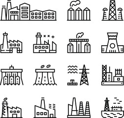 Industrial factory and power plant line icons, oil rigs, energy towers, refineries, clean outline vector set for design projects