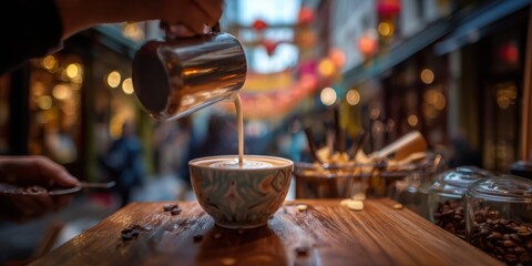 Elegant coffee latte art in a cozy cafe setting showcasing steaming beverage barista craftsmanship warm ambiance and inviting urban lifestyle scene