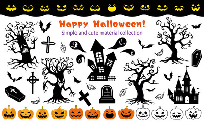 ベクター　ハッピーハロウィン！シンプル＆かわいい素材セット　ジャックオーランタン オバケの木