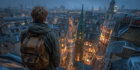 Dramatic cityscape at dusk with illuminated rooftops towering skyscrapers vibrant lights and panoramic urban scenery showcasing modern architecture and city life