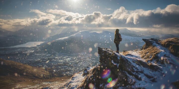 Scenic mountain landscape with hiker exploring rugged terrain and rocky cliffs at sunrise capturing adventure exploration and breathtaking outdoor views - Powered by Adobe