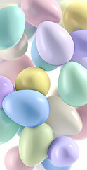 Pastel-colored eggs float, overlapping in a vibrant, spring-themed arrangement.