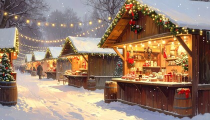 A charming Christmas market scene, with warm lighting and snowy stalls, evokes a festive atmosphere.