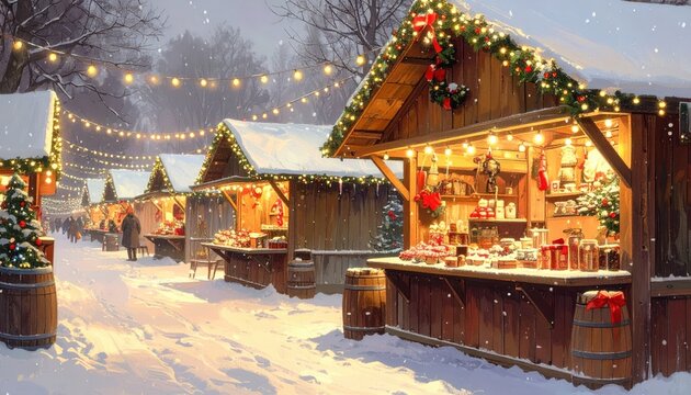 A charming Christmas market scene, with warm lighting and snowy stalls, evokes a festive atmosphere.