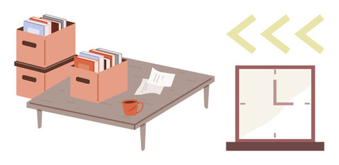 Desk holding file boxes, loose papers, and coffee cup. Retro wall clock and arrows suggest time management. Ideal for productivity, planning, efficiency, organization, office work time tracking