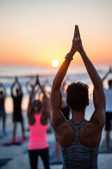Yoga instructor leading class on beach at sunrise