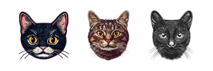 Set of Cat face embroidery patch isolated on transparent background, in PNG format, cut out