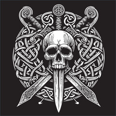 A illustrator vector of Celtic Skull head with weapon drawing in black white line