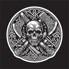 A illustrator vector of Celtic Skull head with weapon drawing in black white line