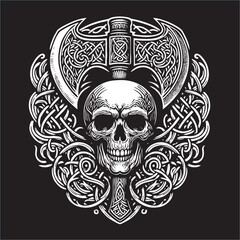 A illustrator vector of Celtic Skull head with weapon drawing in black white line